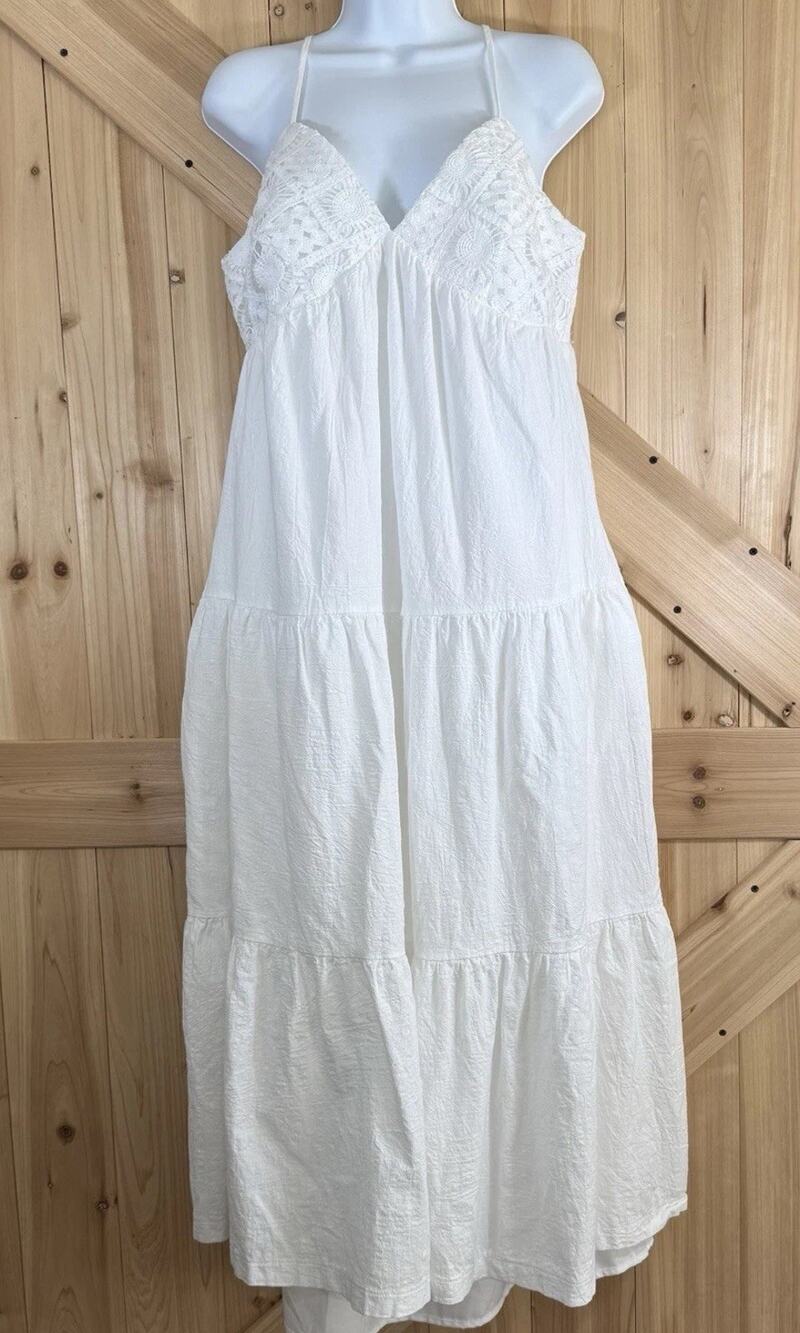 In February White Crochet Top Halter Smock Back Prairiecore Midi Sundress Sz L